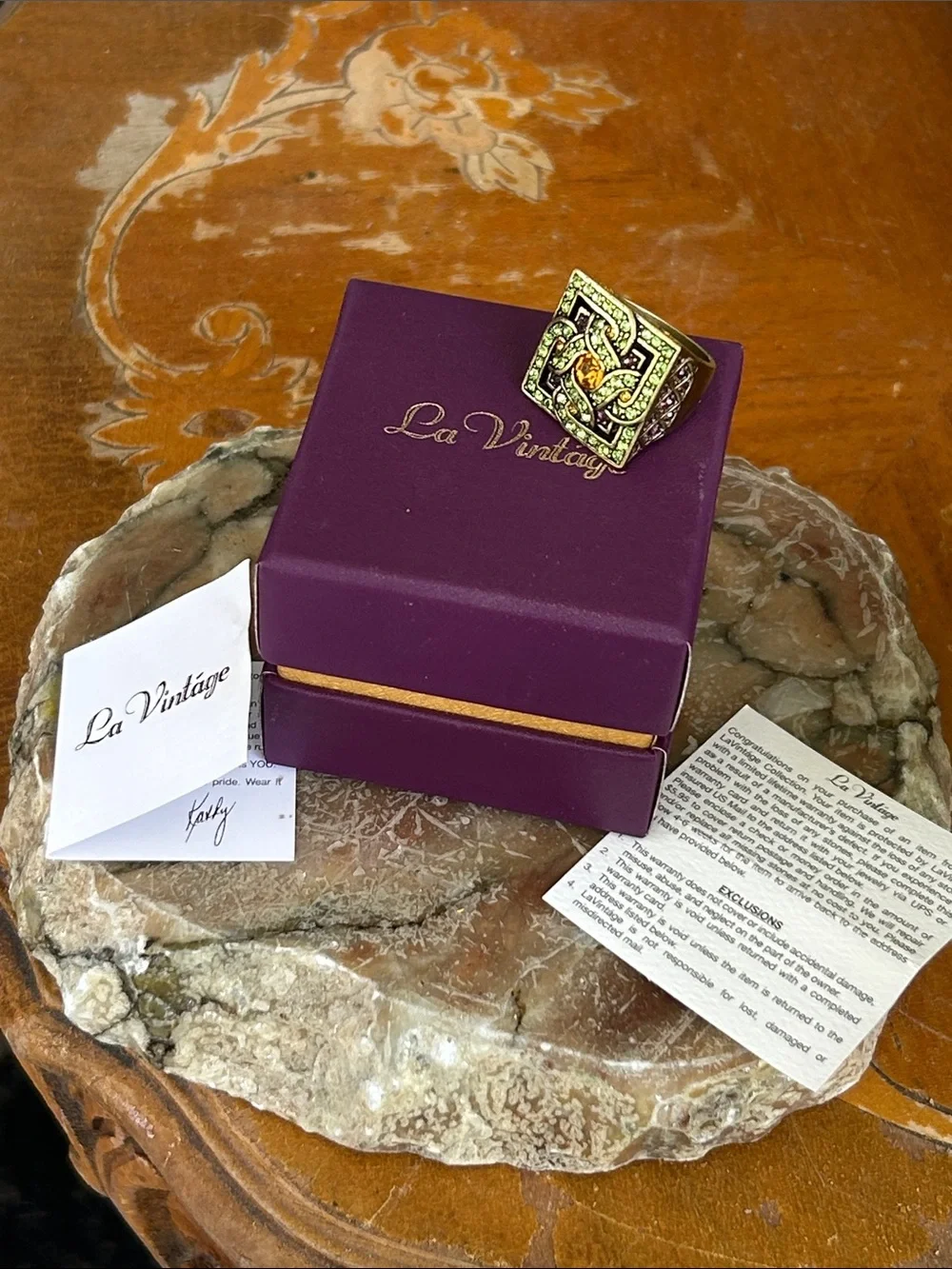 Celtic Knot Green Crystal Square Statement Ring with Amber Accent
